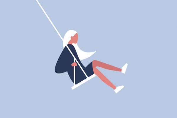 Young female character sitting on a swing. Modern lifestyle. Having fun. Flat editable vector illustration, clip art Young female character sitting on a swing. Modern lifestyle. Having fun. Flat editable vector illustration, clip art